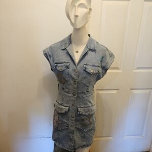 Cute and Preppy Peach Love CA Blue Jean Button Down Dress with Rhineston…